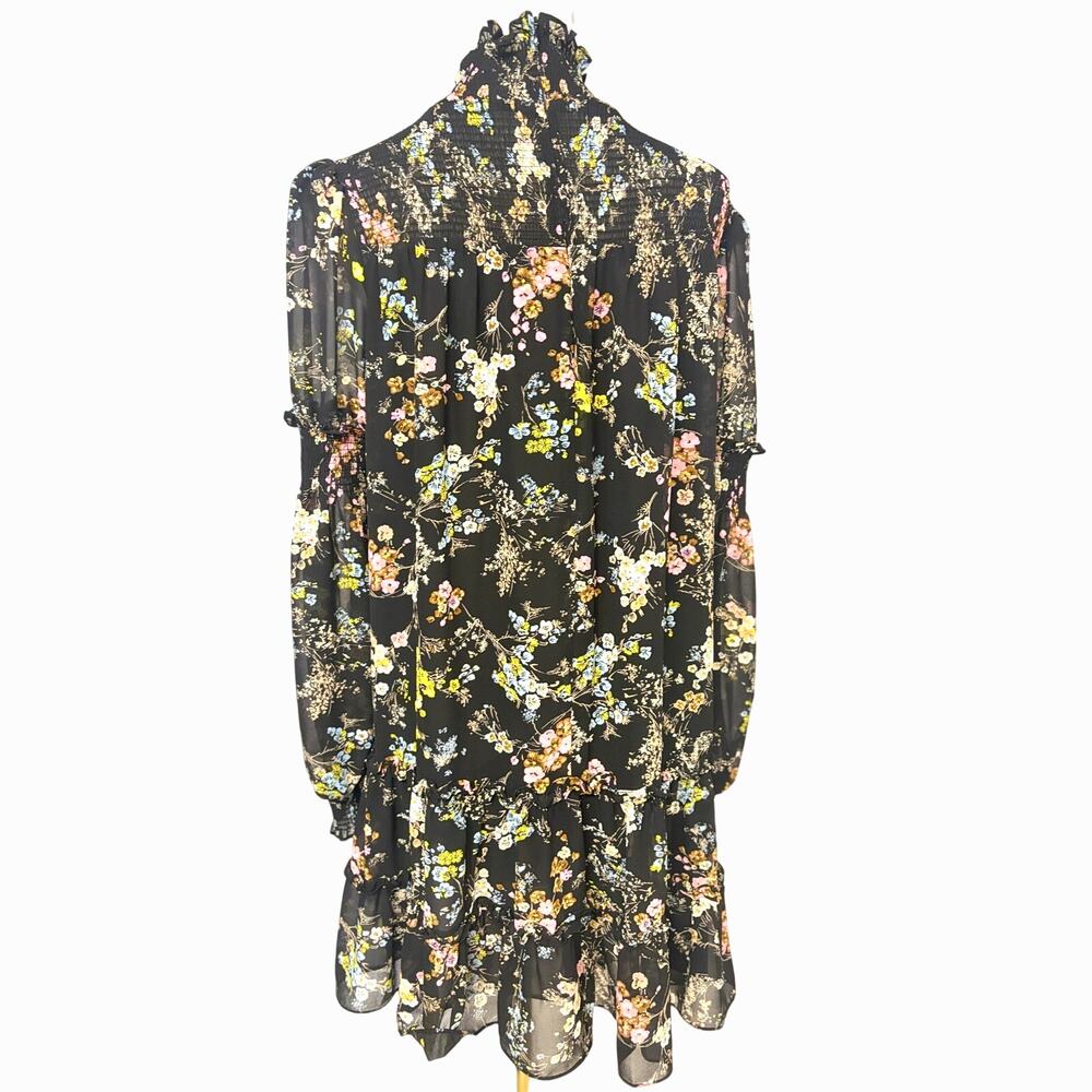 Cinq à Sept Black Floral Smocked Mini Dress Size 8 Romantic Ruffle Mock Neck - Picture 6 of 10